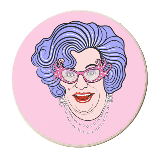 Dame Edna Everidge (Dusky Pink Background) - personalised beer coaster by Adam Regester