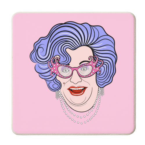 Dame Edna Everidge (Dusky Pink Background) - personalised beer coaster by Adam Regester