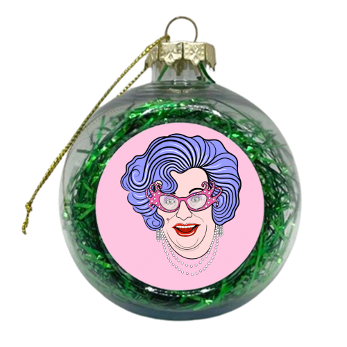 Dame Edna Everidge (Dusky Pink Background) - xmas bauble by Adam Regester