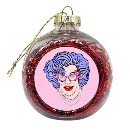 Dame Edna Everidge (Dusky Pink Background) - xmas bauble by Adam Regester