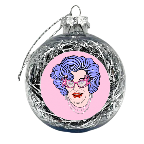 Dame Edna Everidge (Dusky Pink Background) - xmas bauble by Adam Regester