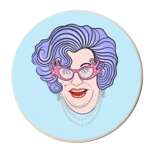 Dame Edna Everidge (Pale Blue) - personalised beer coaster by Adam Regester