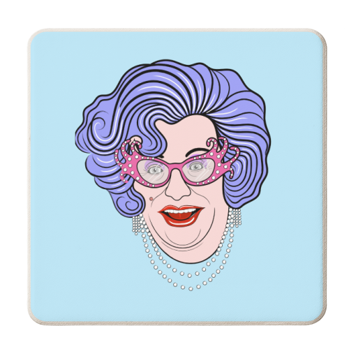 Dame Edna Everidge (Pale Blue) - personalised beer coaster by Adam Regester