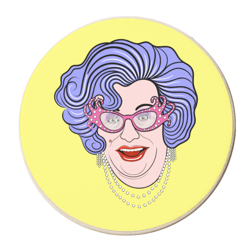 Dame Edna (Yellow Background) - personalised beer coaster by Adam Regester