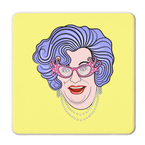 Dame Edna (Yellow Background) - personalised beer coaster by Adam Regester