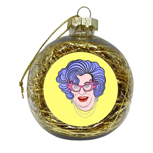 Dame Edna (Yellow Background) - xmas bauble by Adam Regester