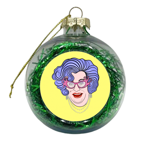 Dame Edna (Yellow Background) - xmas bauble by Adam Regester