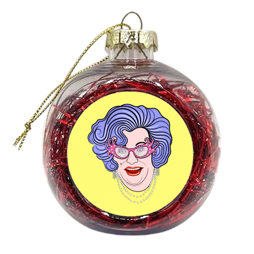 Dame Edna (Yellow Background) - xmas bauble by Adam Regester