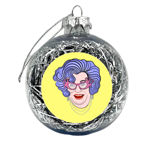 Dame Edna (Yellow Background) - xmas bauble by Adam Regester