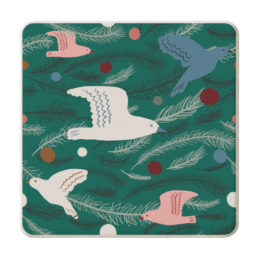 Dancing joyful festive tree birds - personalised beer coaster by Michelle Walker