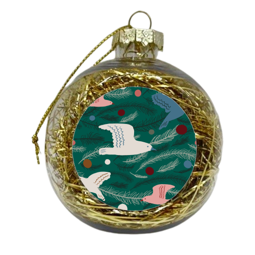 Dancing joyful festive tree birds - xmas bauble by Michelle Walker