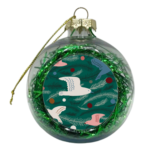 Dancing joyful festive tree birds - xmas bauble by Michelle Walker