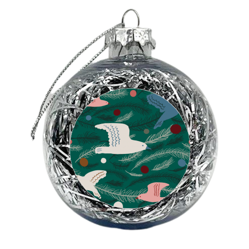 Dancing joyful festive tree birds - xmas bauble by Michelle Walker