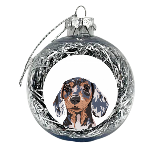 Dappled Dachshund Puppy Illustration - xmas bauble by Adam Regester