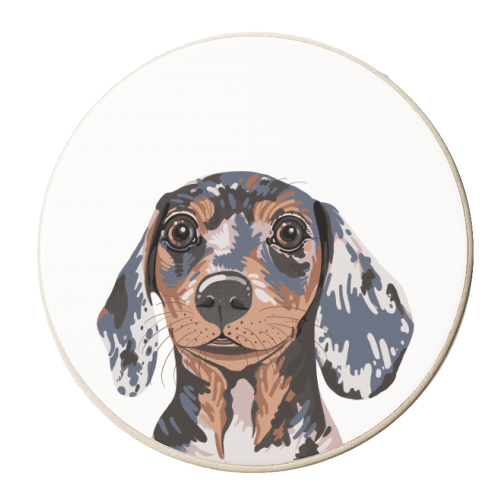 Dappled Dachshund Puppy Illustration - personalised beer coaster by Adam Regester