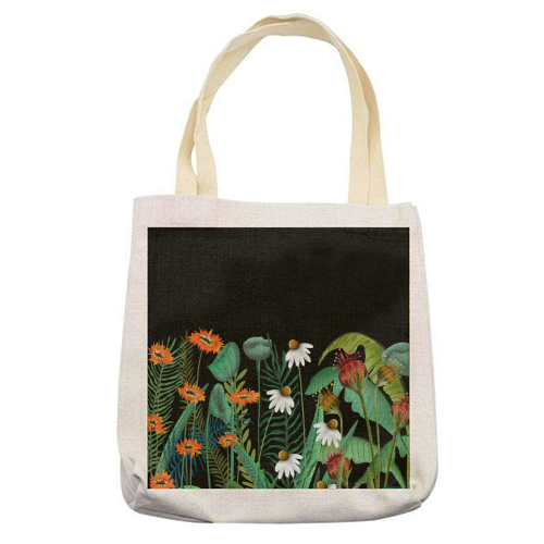 Dark Desires, Botanical Floral Nature Vintage Illustration, Eclectic Pop of Color Plants, Bohemian Boho Garden - printed canvas tote bag by Uma Prabhakar Gokhale