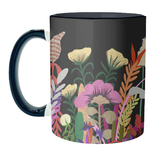 Dark Garden, Eclectic Bold Floral Botanical Nature, Colorful Mystery Bohemian Flowers Plants - unique mug by Uma Prabhakar Gokhale