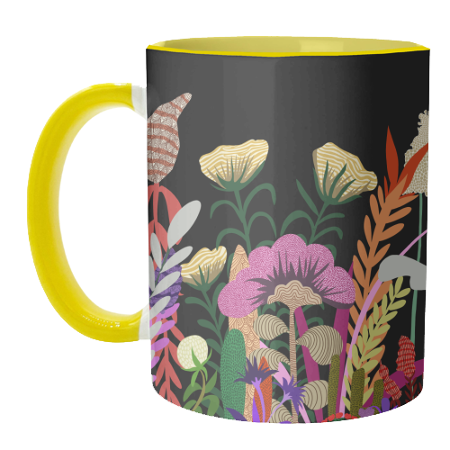 Dark Garden, Eclectic Bold Floral Botanical Nature, Colorful Mystery Bohemian Flowers Plants - unique mug by Uma Prabhakar Gokhale