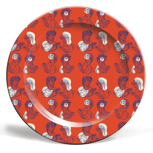 David Line Art Organic Shapes Abstract Lines Picasso Inspired Blue Orange Beige - ceramic dinner plate by Art Heart Home and Fashion