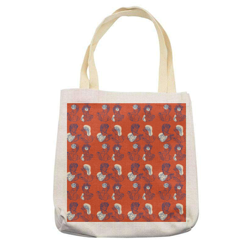 David Line Art Organic Shapes Abstract Lines Picasso Inspired Blue Orange Beige - printed canvas tote bag by Art Heart Home and Fashion