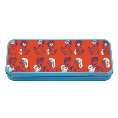 David Line Art Organic Shapes Abstract Lines Picasso Inspired Blue Orange Beige - tin pencil case by Art Heart Home and Fashion