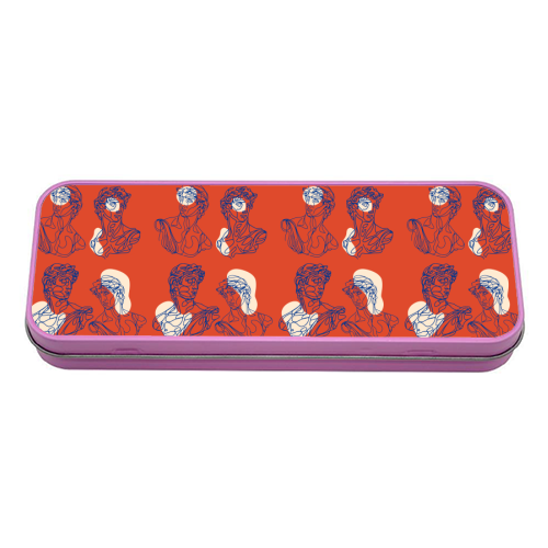 David Line Art Organic Shapes Abstract Lines Picasso Inspired Blue Orange Beige - tin pencil case by Art Heart Home and Fashion