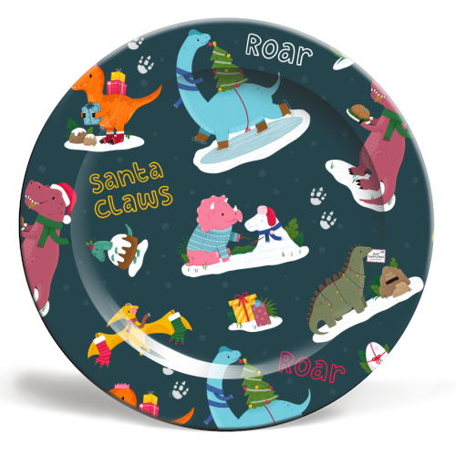 Dinosaur Christmas Pattern - ceramic dinner plate by Loren Grosvenor