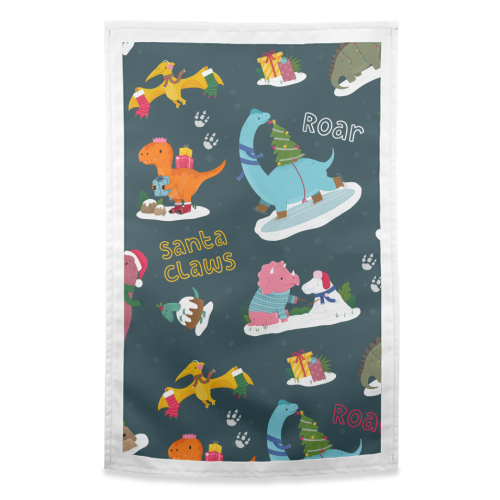 Dinosaur Christmas Pattern - funny tea towel by Loren Grosvenor