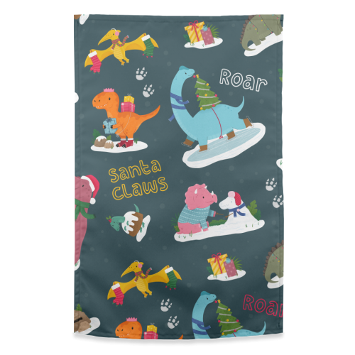 Dinosaur Christmas Pattern - funny tea towel by Loren Grosvenor