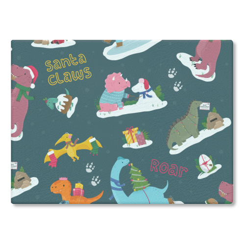 Dinosaur Christmas Pattern - glass chopping board by Loren Grosvenor