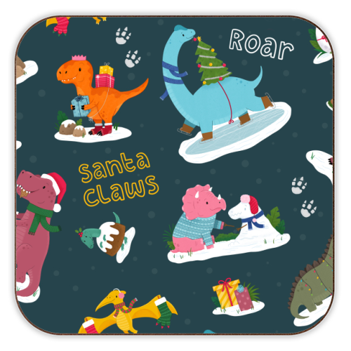 Dinosaur Christmas Pattern - personalised beer coaster by Loren Grosvenor