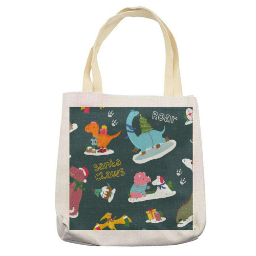 Dinosaur Christmas Pattern - printed canvas tote bag by Loren Grosvenor
