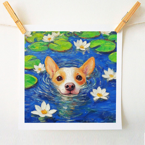 Dog swimming in lake - A1 - A4 art print by DejaReve