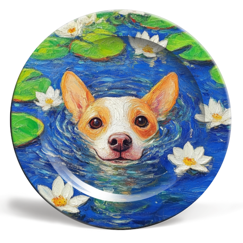 Dog swimming in lake - ceramic dinner plate by DejaReve