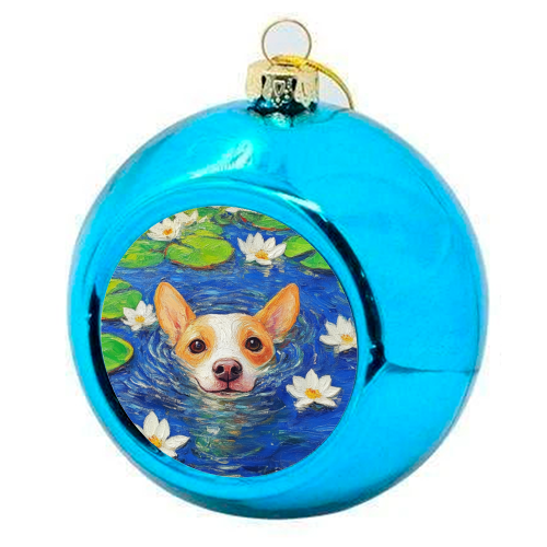 Dog swimming in lake - colourful christmas bauble by DejaReve