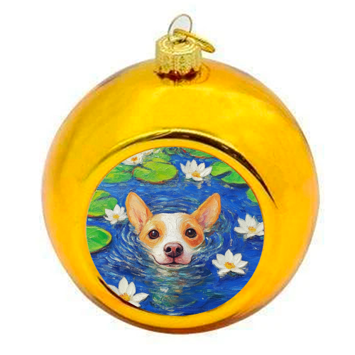 Dog swimming in lake - colourful christmas bauble by DejaReve