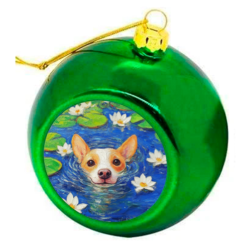 Dog swimming in lake - colourful christmas bauble by DejaReve