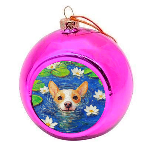 Dog swimming in lake - colourful christmas bauble by DejaReve