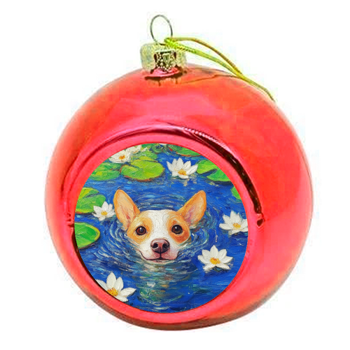 Dog swimming in lake - colourful christmas bauble by DejaReve