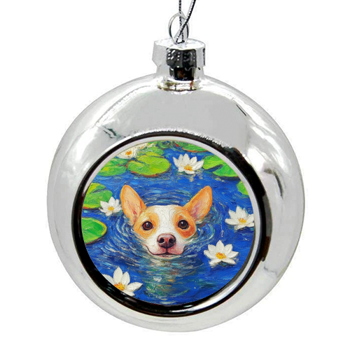 Dog swimming in lake - colourful christmas bauble by DejaReve
