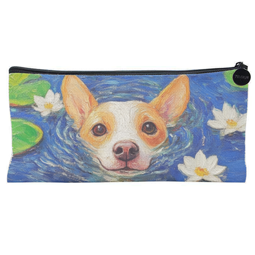 Dog swimming in lake - flat pencil case by DejaReve