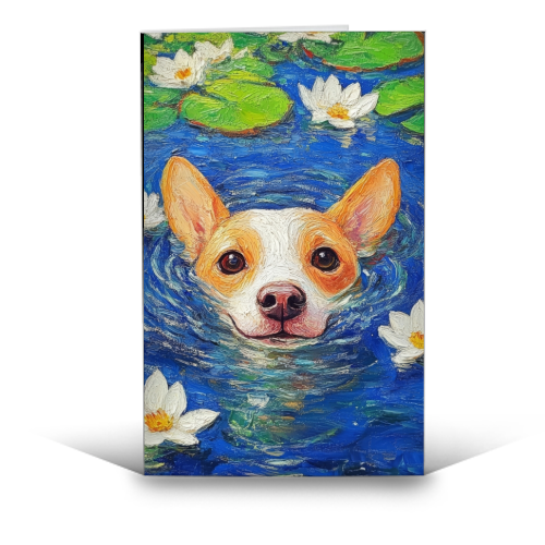 Dog swimming in lake - funny greeting card by DejaReve