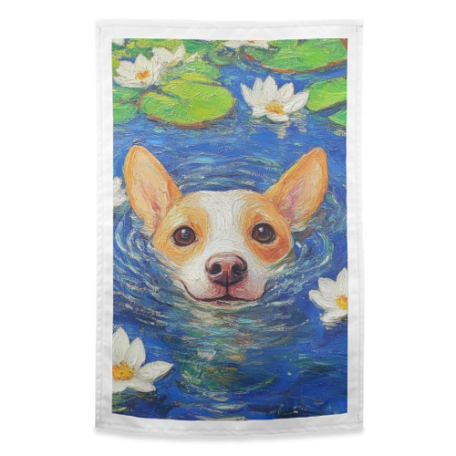 Dog swimming in lake - funny tea towel by DejaReve