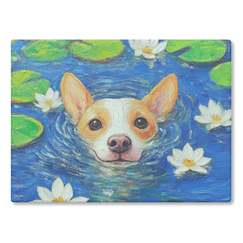 Dog swimming in lake - glass chopping board by DejaReve