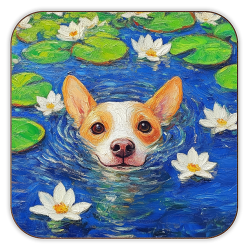 Dog swimming in lake - personalised beer coaster by DejaReve