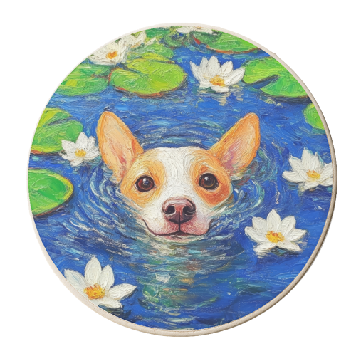 Dog swimming in lake - personalised beer coaster by DejaReve