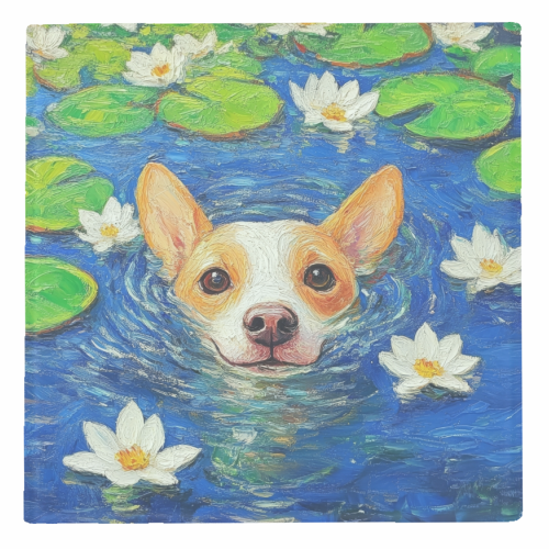 Dog swimming in lake - personalised beer coaster by DejaReve