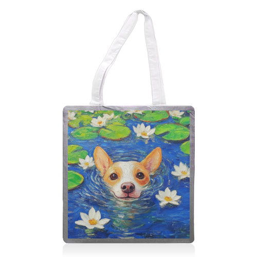Dog swimming in lake - printed canvas tote bag by DejaReve