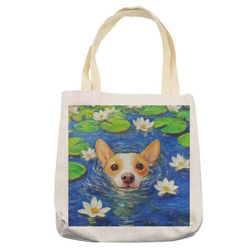 Dog swimming in lake - printed canvas tote bag by DejaReve