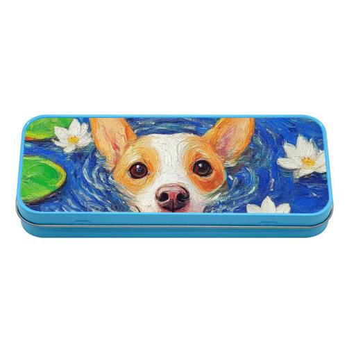 Dog swimming in lake - tin pencil case by DejaReve